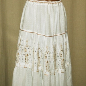 White flounces skirt / embroidered in gold color thread /boho skirt / Ethnic / Made in Italy /summer clothing/Gift for her