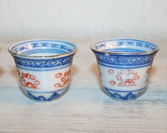 Blue CHINESE sake set 4 pieces glasses, vintage Chinese Porcelain, Asian Oriental