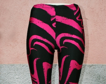 Fuchsia black leggings - gym pants, yoga - 80s Vintage - Made in Italy - Gift for her - Christmas gift