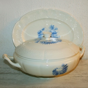 Ancient Rare semi porcelain ceramic SOUP TUREEN and serving plate, Old bridge earthenware -White and blue- Decorative plate -Gift for her