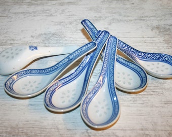 Vintage Chinese Blue and White Rice Wheat Grain Rice Eyes Porcelain Spoon (6 Total) ~ 5" x 1-3/8"