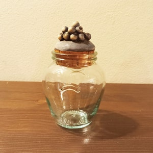 Può includere: Un barattolo di vetro trasparente con un tappo di sughero. Il tappo è decorato con un gruppo di piccole sfere di ceramica grigie.