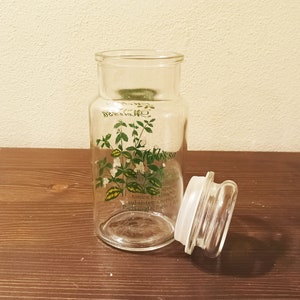 Può includere: Un barattolo di vetro trasparente con coperchio bianco, con un disegno botanico verde e la parola "Melissa" stampata sul davanti. Il barattolo è cilindrico con una bocca larga e si trova su una superficie di legno marrone.