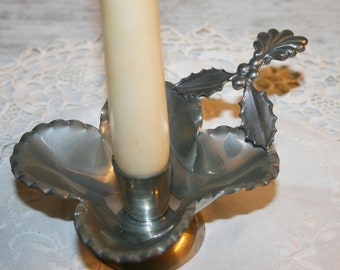 Pewter candle holder - Holly decoration - Made in Italy - Christmas gift