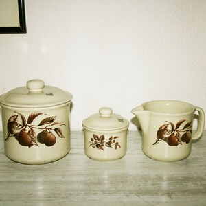 Ceramics tableware, in cream color with Fruit pattern, Cookie holder, sugar bowl, milk jug, breakfast time,  Made in Italy, Vtg 70s
