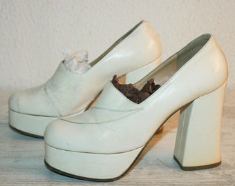 RARE ITALIAN vintage 70s wedge White leather SHOES - wedding shoes - platform thick - heeled sandals - fashion shoes - collection shoes