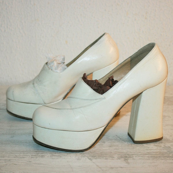 RARE ITALIAN vintage 70s wedge White leather SHOES - wedding shoes - platform thick - heeled sandals - fashion shoes - collection shoes