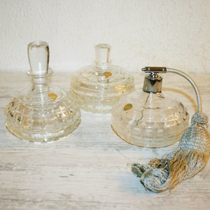 Art glass, 1940s Vintage Heavy Crystal Perfume Set, VANITY SET Parfum Perfumer Powder Jar Bowl / ring box / home decor / toilet