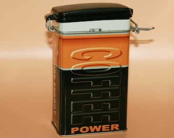 Coffee tin box - Tin, POWER, battery shape - plastic lid closure- collectible metal box -Coffee container-Vintage ITALIAN 90s