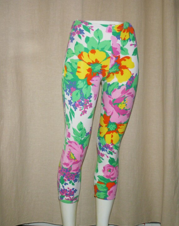 ITALIAN Vintage 80s, Colorful Floral Print Leggings, Gym Pants, Yoga gift  for Her Leggings Summer Pants -  Norway