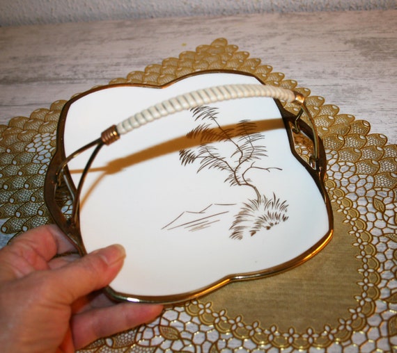 Porcelain Cookies Dish With Handle• Alka Kunst Bavaria Gold • Hand