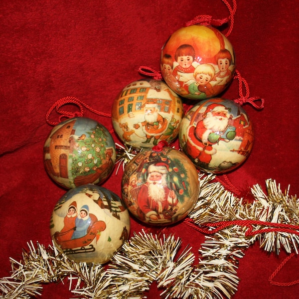 Pappmaché, 6 Weihnachtskugeln, Baumschmuck, viktorianische Engel Weihnachten, verschneite Szene, Weihnachtsmann-Geschenke, Ponyschlitten, Weihnachtsgeschenk