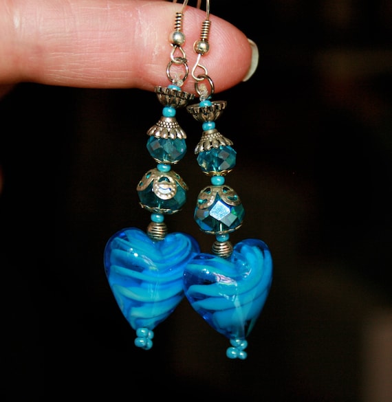 Italian, Heart Dangle Earrings, Turquoise Earrings, Glass Pearl
