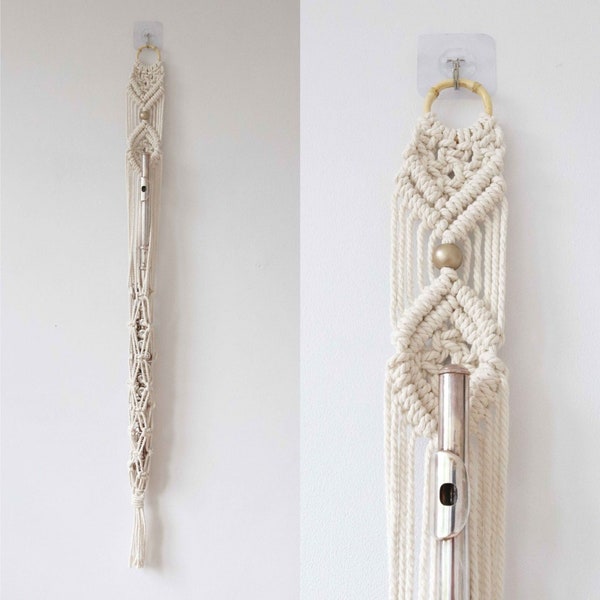 Macrame Flute Wall Hanger, Bamboo Flute Stand, Instrument Wall Decor, Woodwind Wall Mount, Boho Instrument Hanger Strap