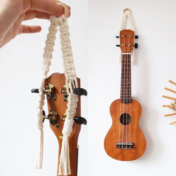 Macrame Ukulele and Guitar Wall Hanger, Ukulele Mount Bamboo Stand, Wall Decor, Guitar Wall Mount, Boho Instrument Hanger, Guitar Strap