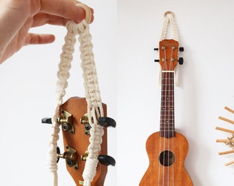 Macrame Ukulele and Guitar Wall Hanger, Ukulele Mount Bamboo Stand, Wall Decor, Guitar Wall Mount, Boho Instrument Hanger, Guitar Strap