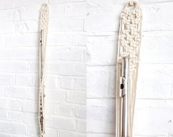 Macrame Flute Wall Hanger, Bamboo Flute Stand, Instrument Wall Decor, Woodwind Wall Mount, Boho Instrument Hanger Strap