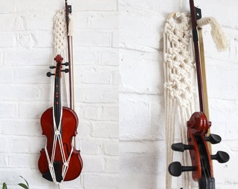 Macrame Violin Holder Stand, Wall Decor, Wall Bamboo Mount, 100% cotton hanger, Boho Instrument Support Strap Gift