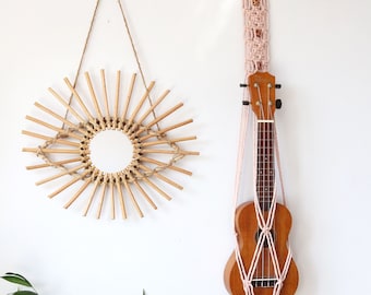 Macrame Ukulele Hanger, Ukulele Beaded Bamboo Stand, Guitar Wall Decor, Guitar Mount, Boho Instrument Hanger, Guitar Strap
