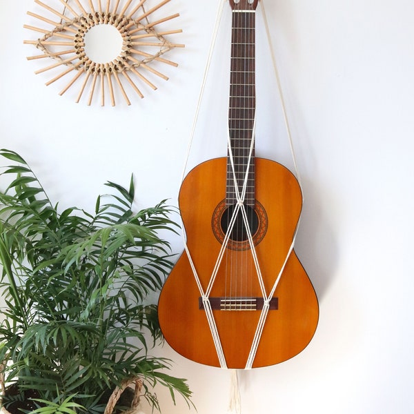 Macrame Acoustic Guitar Stand, Wall Decor on Bamboo Hoop, Wall Mount, 100% cotton, Boho Instrument Hanger, Guitar Strap, Boho Guitar Gift