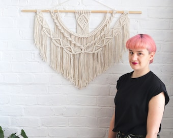 Large Macrame Wall Hanging with Crystal: Boho Woven Tapestry