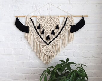 Large Macrame Wall Hanging: Black & White Boho Woven Tapestry