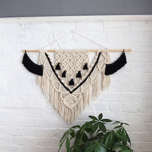 Large Macrame Wall Hanging: Black & White Boho Woven Tapestry
