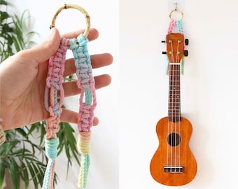 Macrame Ukulele and Guitar Rainbow colour Wall Hanger, Ukulele Mount Bamboo Stand, Wall Decor, Boho Instrument Hanger, Guitar Strap