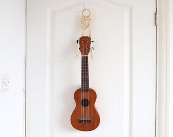 Macrame Ukulele Wall Hanger: Instrument Mount Strap, Bamboo Hoop 'TriHanger'