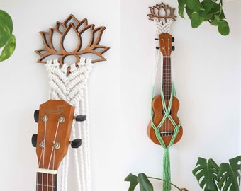 Macrame Ukulele Dip Dye Lotus Wood Wall Hanger, Ukulele Mount Stand, Guitar Wall Decor, Guitar Mount, Boho Instrument Hanger, Guitar Strap