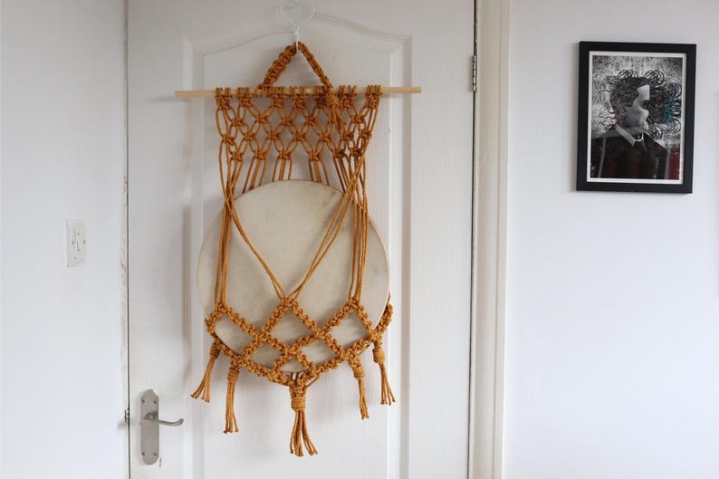 Macrame Drum Wall Mount: Shaman, Ocean, Tongue Drum Hanger Mustard