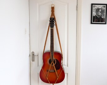 Macrame Guitar Wall Hanger with gold crystal beads, Boho Mount Strap