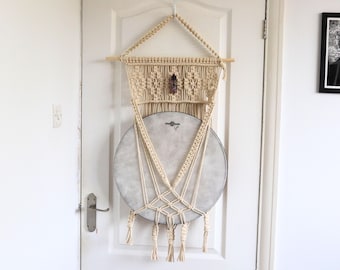 Macrame Genuine Crystal Drum Wall Mount: Shaman, Ocean, Tongue Drum Hanger