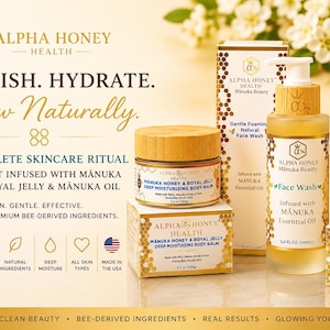Manuka Honey Skin Care Set Royal Jelly Face Cream Foaming Face Wash and Body Butter Luxury Self Care Gift Clean Beauty Spa Set
