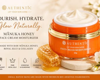 Creme facial com mel de Manuka puro, geleia real e colágeno. Hidratante diário sem fragrância para uma pele macia e radiante. Produção artesanal de cosméticos.
