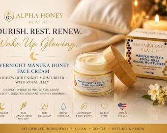 Overnight Manuka Honey Face Cream with Royal Jelly Lightweight Night Moisturizer Sleeping Cream for Soft Glowing Skin Clean Beauty Gift