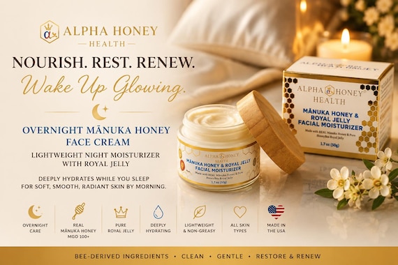 Overnight Manuka Honey Face Cream with Royal Jelly Lightweight Night Moisturizer Sleeping Cream for Soft Glowing Skin Clean Beauty Gift