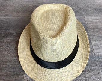 SALE!Personalized Custom Adult Straw Fedora/Trilby Hat. Yellow Beige Unisex Sun Hat. Men Fedora Hat. Women Fedora Hat. Straw Summer Hat