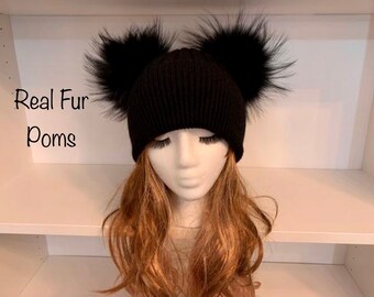 Kylie Jenner Beanie Hat 2 Fur Pompoms 