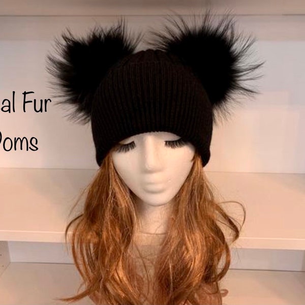 SALE!Knitted Angora Women Winter Hat/Beanie with Real OR Faux fur Double Removable Pom Poms in Black.Double pom pom.Winter Hat