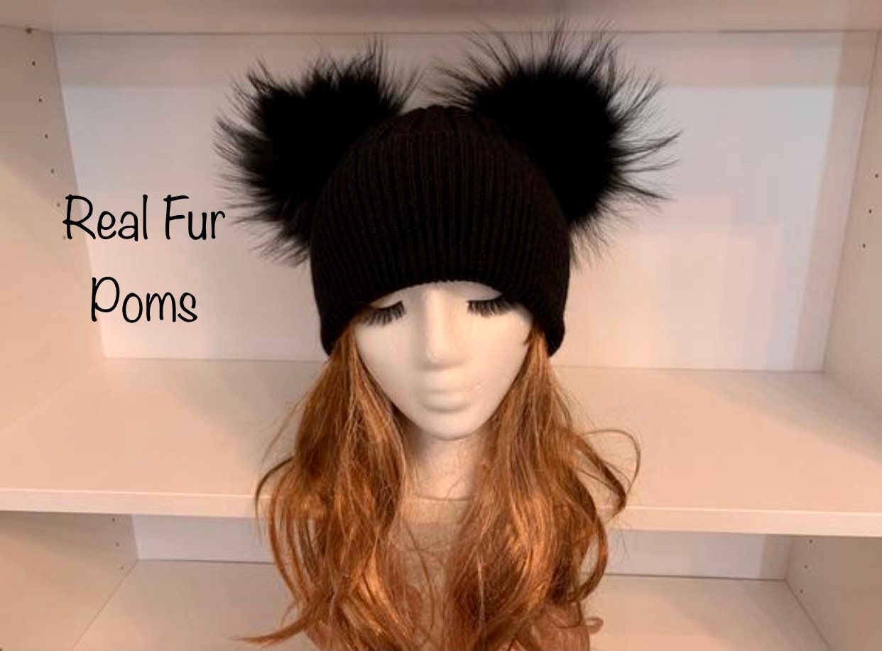 Adult Double Pom Beanie Hat with MITTENS - Fleece Lined - LV – Beauty Bird  Vintage