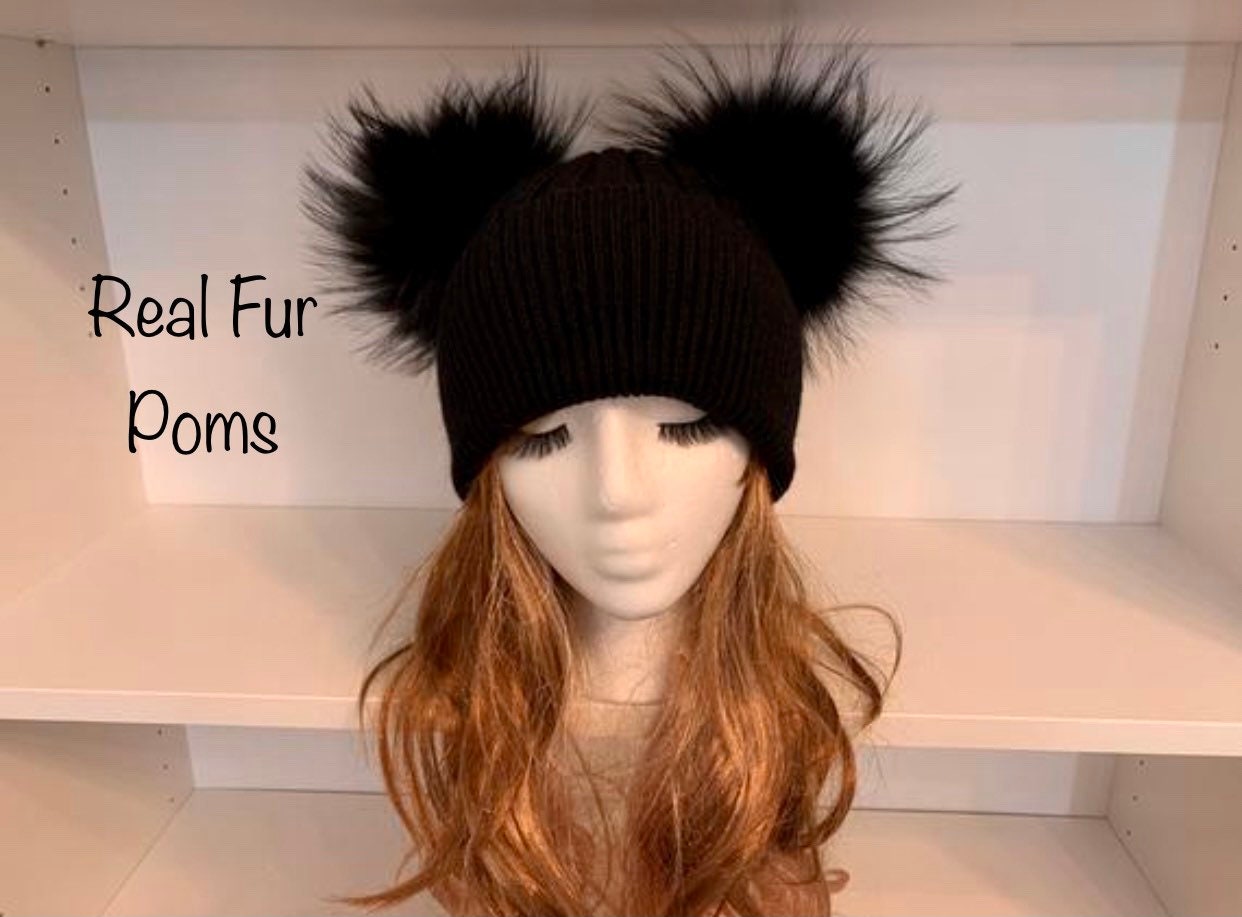 faux fur double pom beanie –