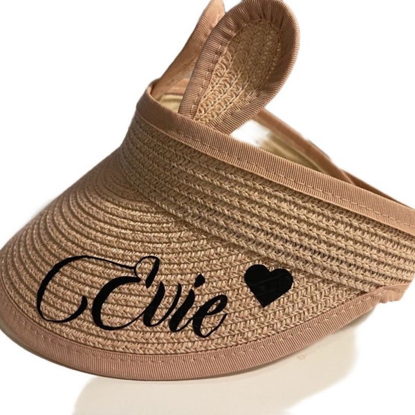 Personalized Bunny Ears Kids Straw Sun Hat with Visor. Cute Kids Beach Straw Hat. Kids Summer Hat. Custom kids hat. Custom Baby visor hat