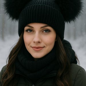 Cappello Invernale Donna GTETKDE Con Pompon In Pelliccia Sintetica - Berretto Lavorato A Maglia In Acrilico, Taglia Unica (48-61 Cm), Nero
