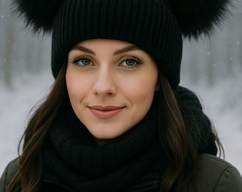 SALE!Knitted Angora Women Winter Hat/Beanie with Real OR Faux fur Double Removable Pom Poms in Black.Double pom pom.Winter Hat