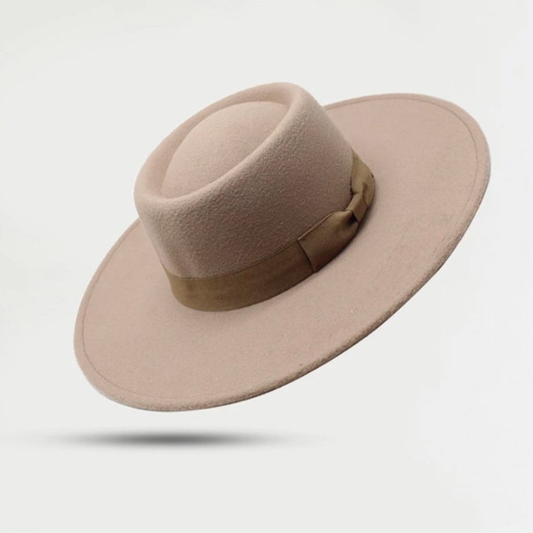 SALE!Fedora hat with ribbon. Boater hat. Flat stiff brim fedora. Wide brim hat for women. Women’s fedora hat. Vegan wool felt hat