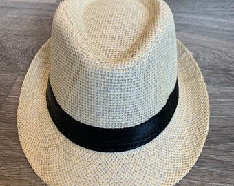 Personalized Custom Kids Straw Fedora/Trilby Hat. Light Beige Unisex Kids Sun Hat. Kids Summer Hat. Child Straw Hat