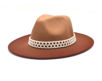 ¡OFERTA! Sombrero fedora degradado con perlas. Sombrero fedora de ala ancha y rígida. Sombrero de ala ancha para mujer. Sombrero fedora para mujer. Sombrero de fieltro de lana vegana