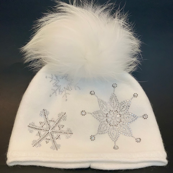 ¡VENTA! Gorro de mujer de lana angora/merino de doble capa con pompón de piel real de gran tamaño. Gorro de invierno para mujer. Gorro con pompón.