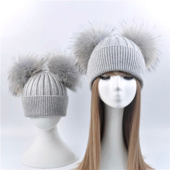 SALE!Knitted Soft Angora parent/child Double Oversized Real Fur Pom Pom  Winter Me matching Pom Pom Hat